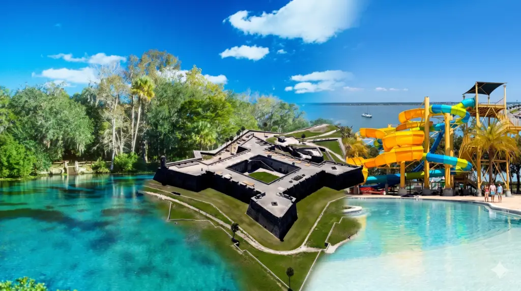 Colagem da eXPedição Wild Florida: spring de águas cristalinas, forte histórico de St. Augustine e parque aquático