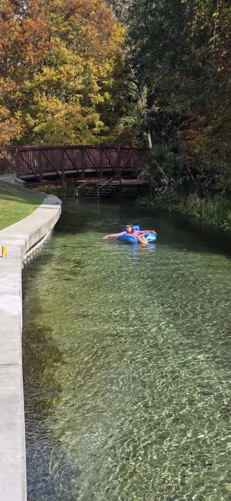 Casal fazendo tubing juntos em boia azul em rio cristalino de spring da Flórida