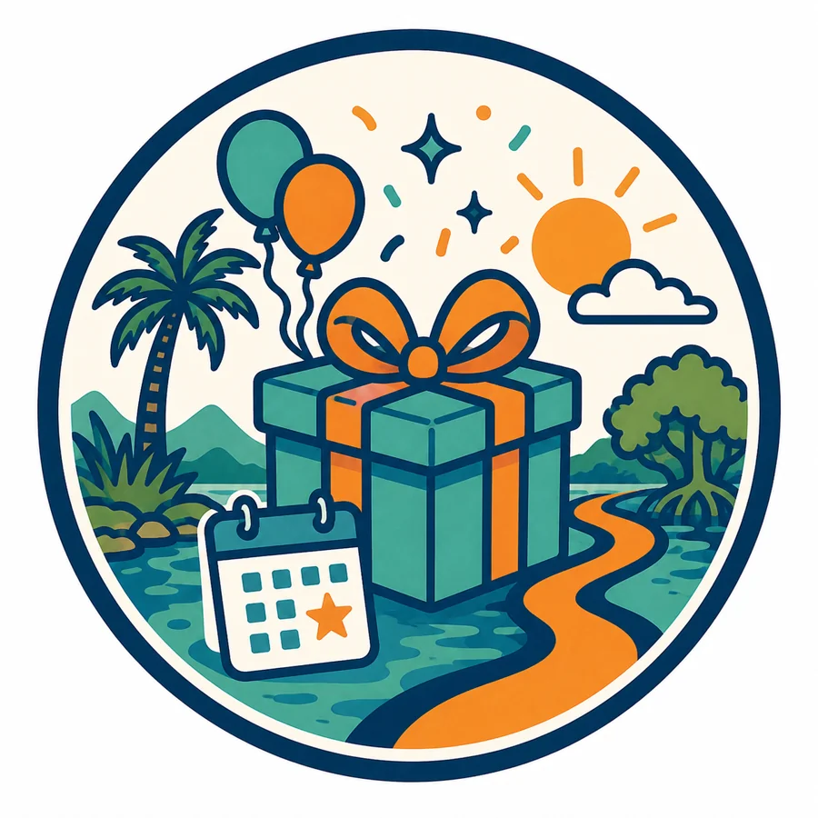 Selo ilustrado com presente e calendario: grupos com data especial