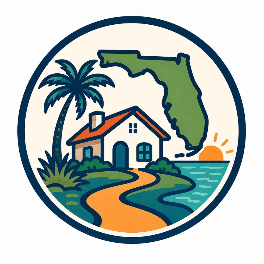 Selo ilustrado com casa e mapa da Florida: para quem mora no estado