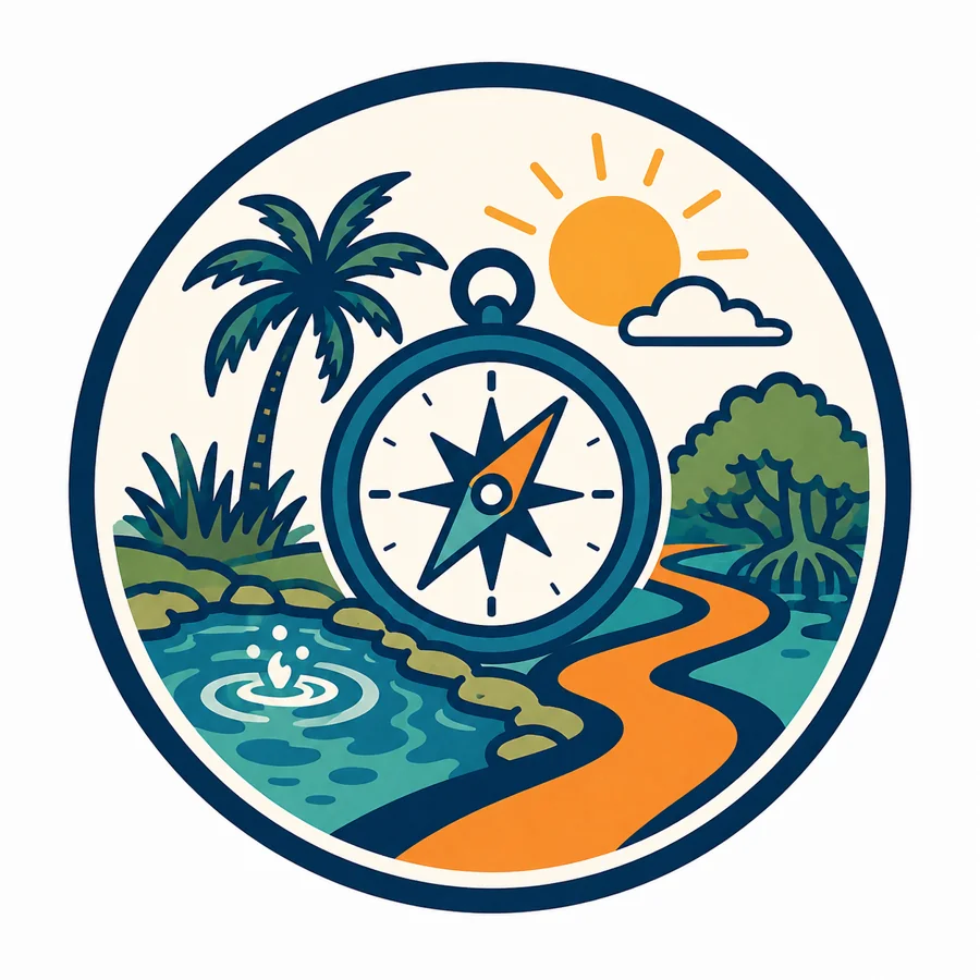 Selo ilustrado com bussola e palmeiras: explorar a outra Florida