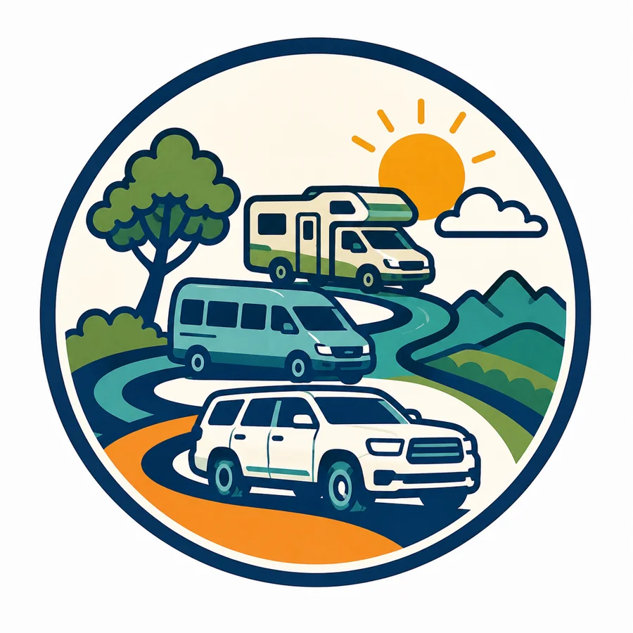 Selo ilustrado com motorhome, van e SUV: transporte do grupo