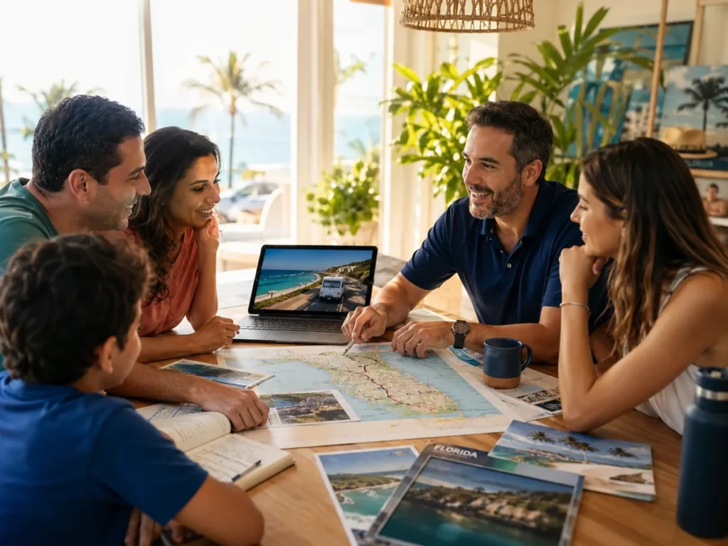 Familia brasileira planejando o roteiro pela Florida com mapa e laptop